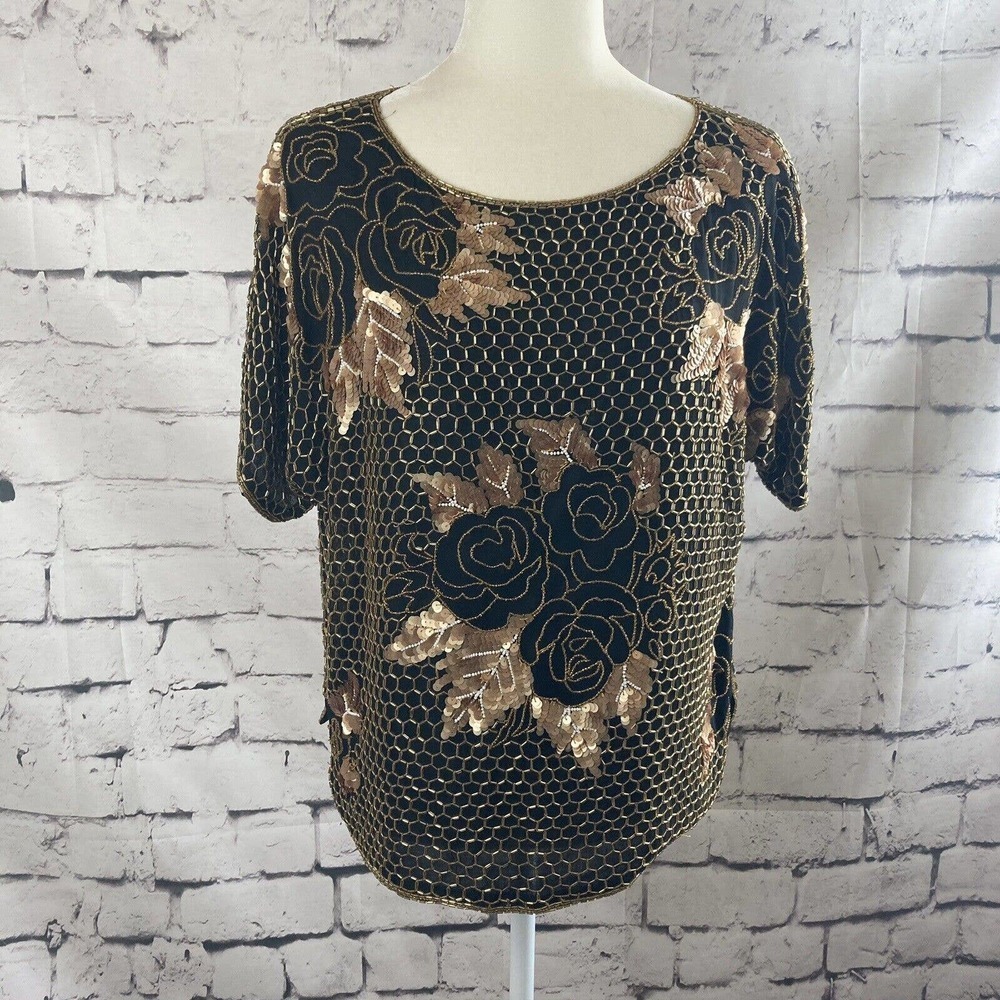 Carolyne‎ Barton Night Evening Top Vtg Women Large Silk beaded Sequin Black Gold